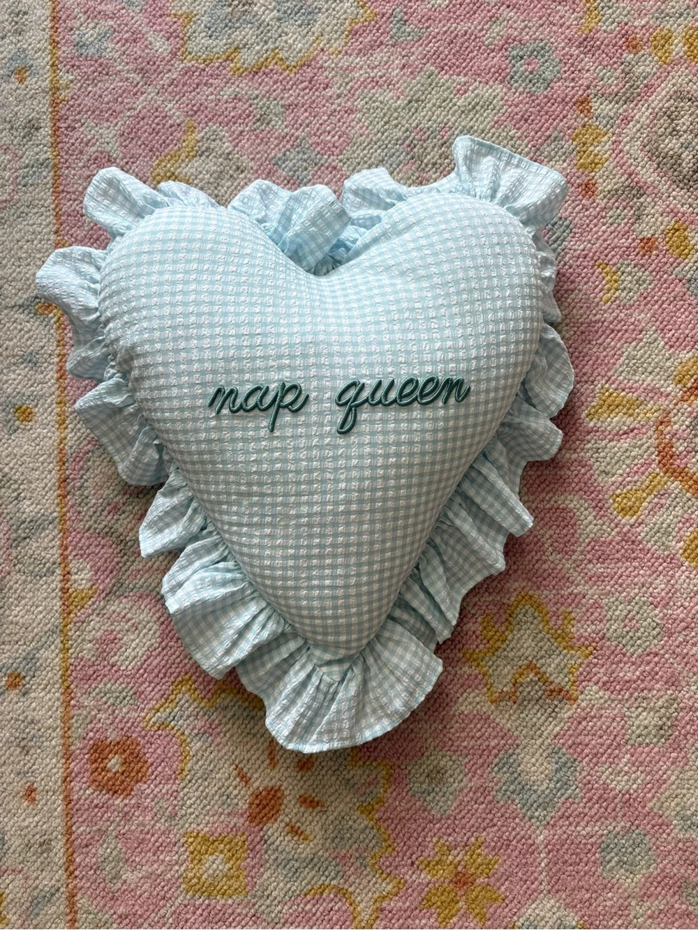 Nap Queen Light Blue Heart Throw Pillow with Ruffle Trim